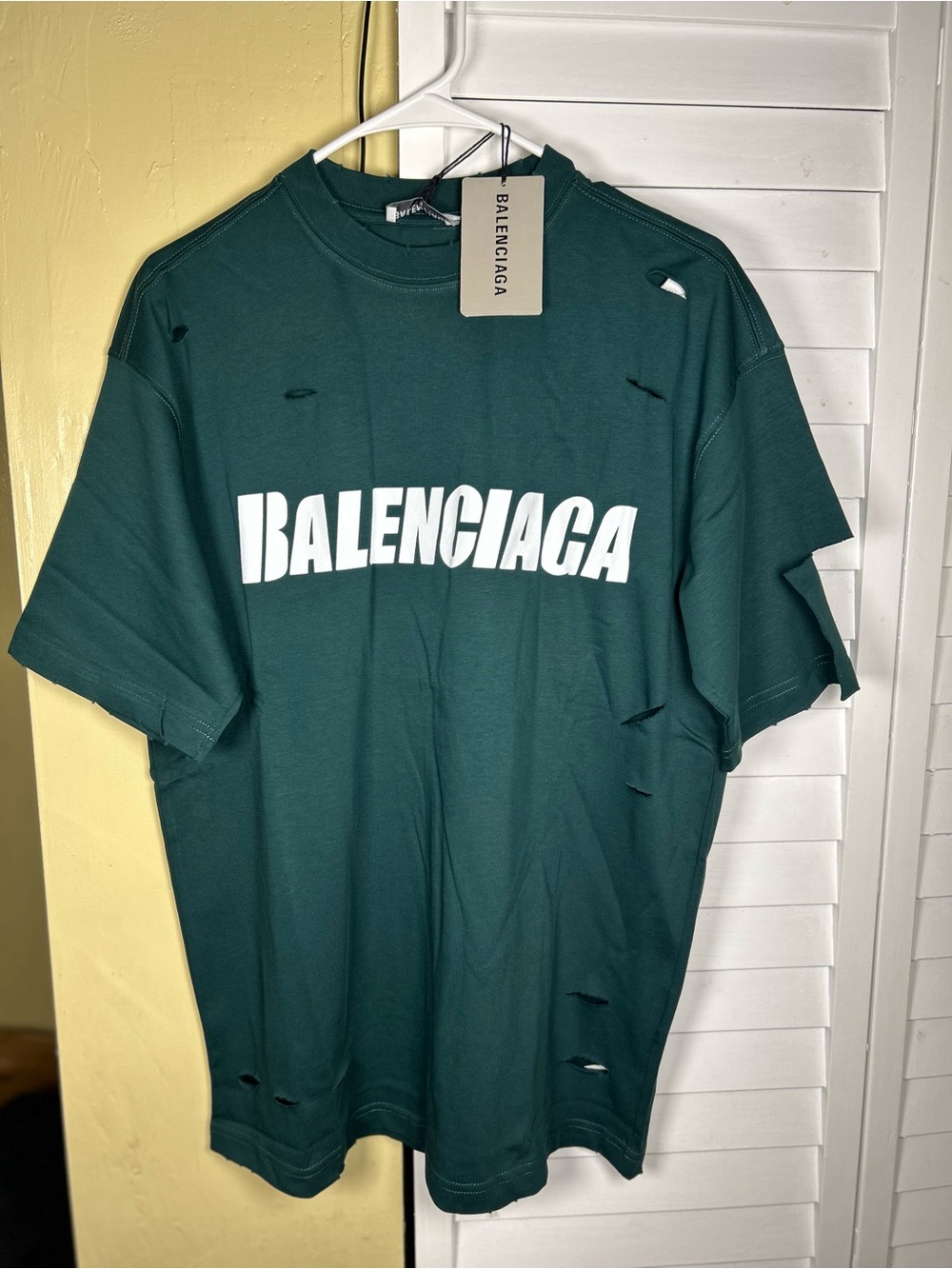 Balenciaga Dark Green Distressed Logo Crewneck T-Shirt